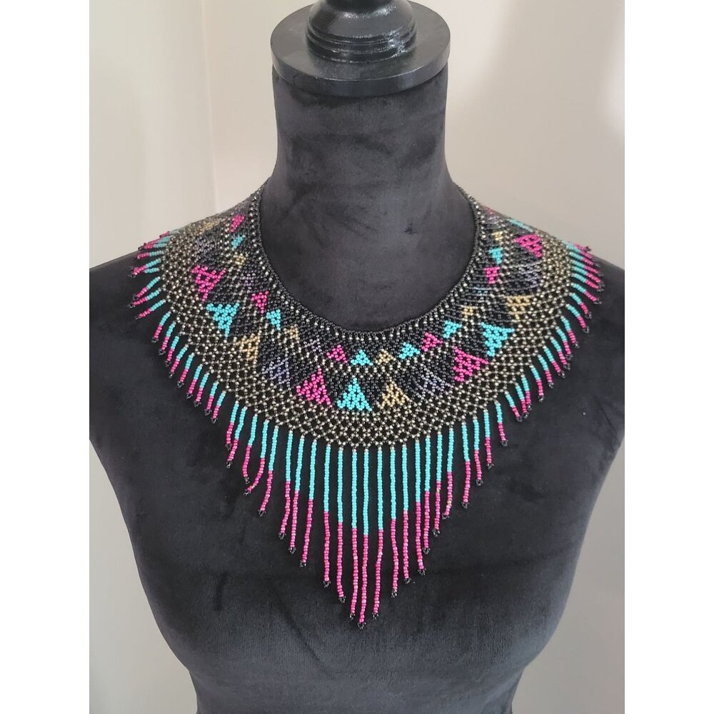 Stunning Handmade Beaded Tribal Necklace Collar With Fringe Design Southwestern